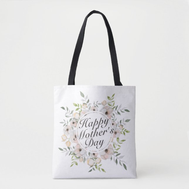Elegant Happy Mother's Day Floral Frame Tote Bag (Front)