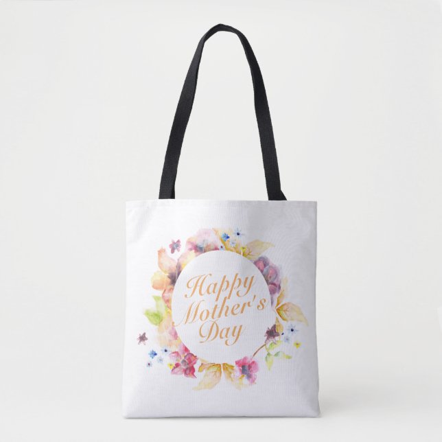 Elegant Happy Mother's Day Floral Frame Tote Bag (Front)