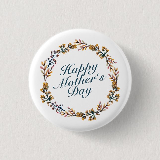Elegant Happy Mother's Day Floral Wreath Button (Front)