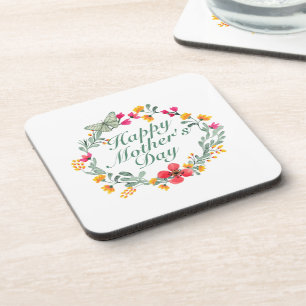Elegant Happy Mother's Day Floral Wreath Coaster