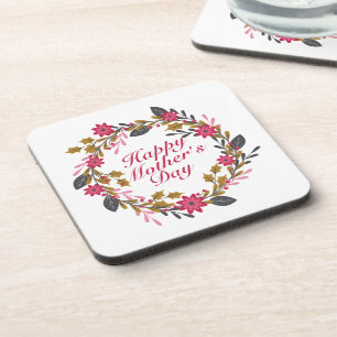 Elegant Happy Mother's Day Floral Wreath Coaster