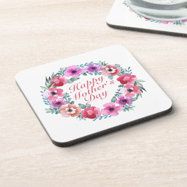 Elegant Happy Mother's Day Floral Wreath Coaster (Left Side)