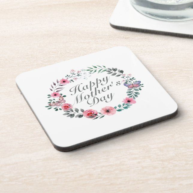Elegant Happy Mother's Day Floral Wreath Coaster (Left Side)