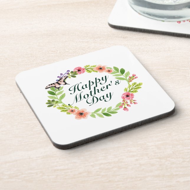Elegant Happy Mother's Day Floral Wreath Coaster (Left Side)