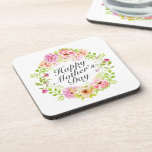 Elegant Happy Mother's Day Floral Wreath Coaster