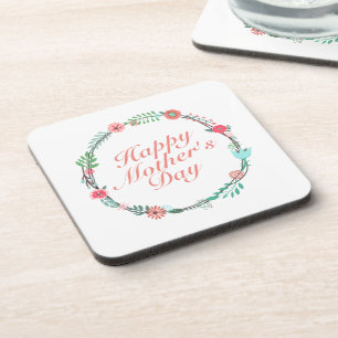 Elegant Happy Mother's Day Floral Wreath Coaster