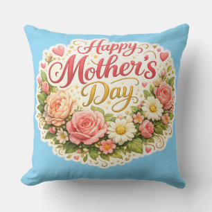 Elegant happy Mother's Day floral wreath Cushion