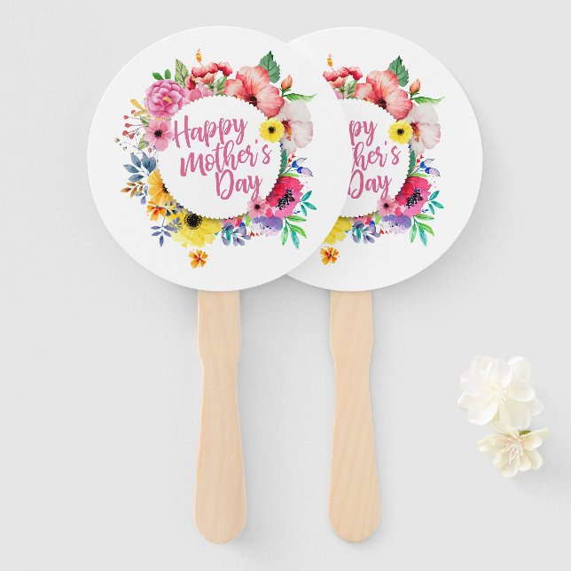 Elegant Happy Mother's Day Floral Wreath Hand Fan (Front and Back)