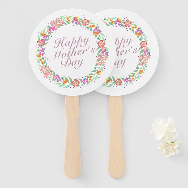 Elegant Happy Mother's Day Floral Wreath Hand Fan (Front and Back)