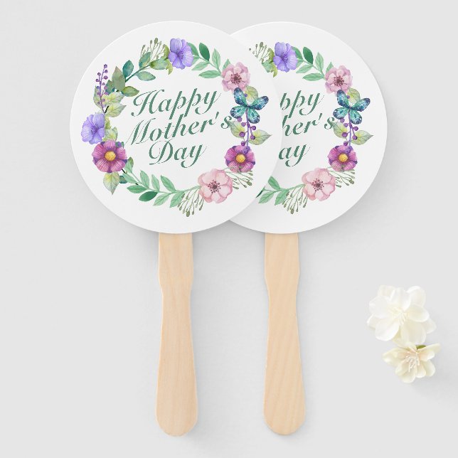Elegant Happy Mother's Day Floral Wreath Hand Fan (Front and Back)