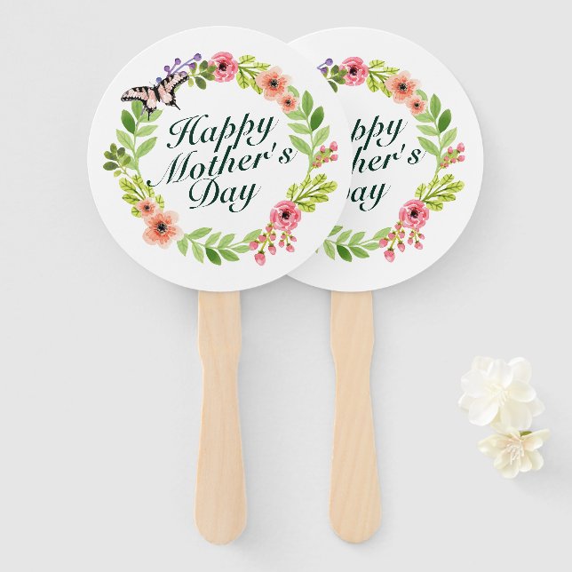 Elegant Happy Mother's Day Floral Wreath Hand Fan (Front and Back)