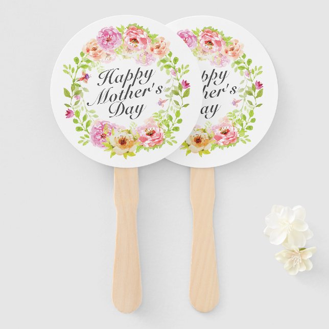 Elegant Happy Mother's Day Floral Wreath Hand Fan (Front and Back)