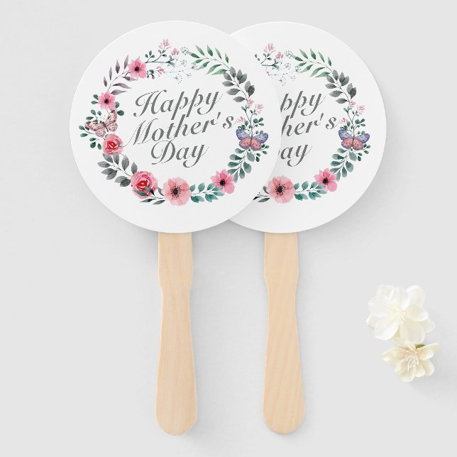 Elegant Happy Mother's Day Floral Wreath Hand Fan (Front and Back)