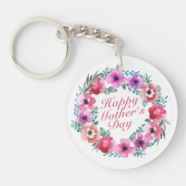 Elegant Happy Mother's Day Floral Wreath Keychain (Front)