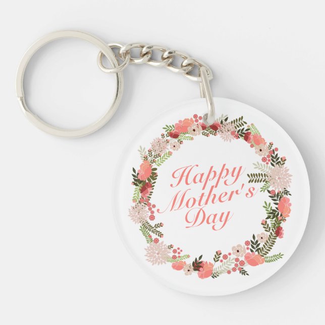 Elegant Happy Mother's Day Floral Wreath Keychain (Front)