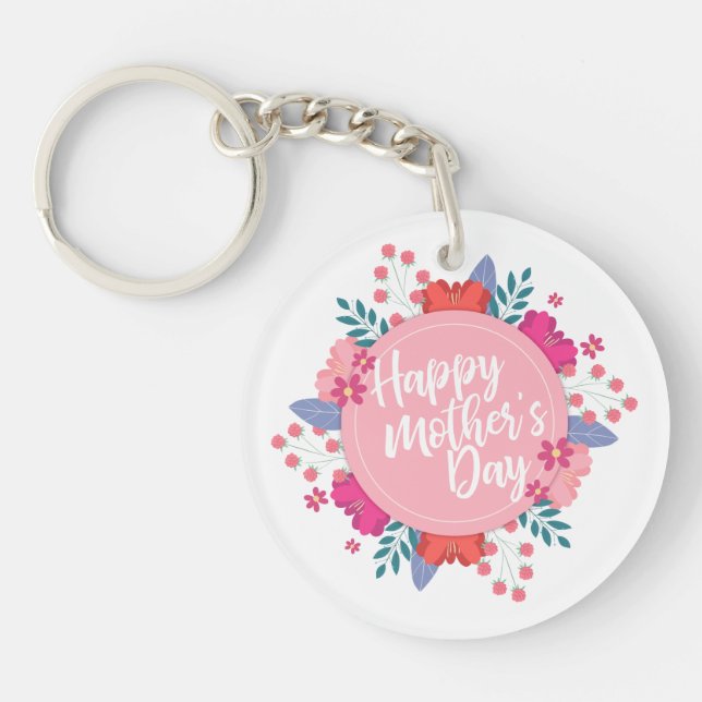 Elegant Happy Mother's Day Floral Wreath Keychain (Front)