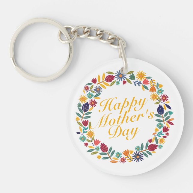 Elegant Happy Mother's Day Floral Wreath Keychain (Front)