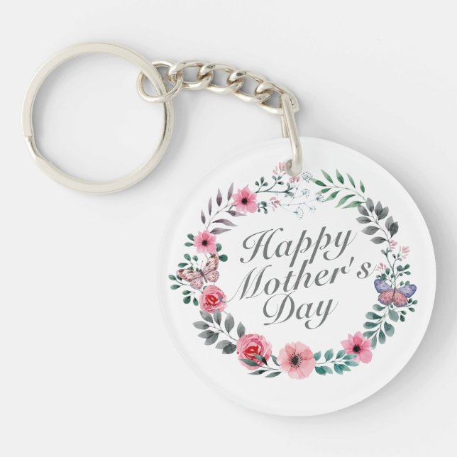 Elegant Happy Mother's Day Floral Wreath Keychain (Front)