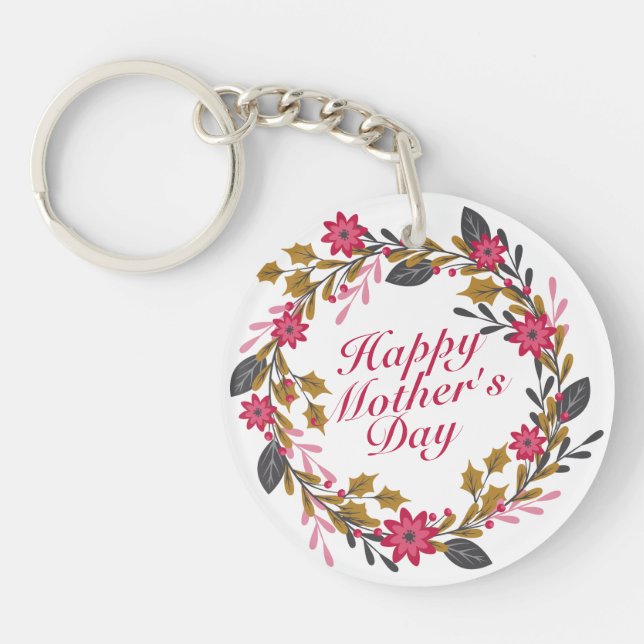 Elegant Happy Mother's Day Floral Wreath Keychain (Front)