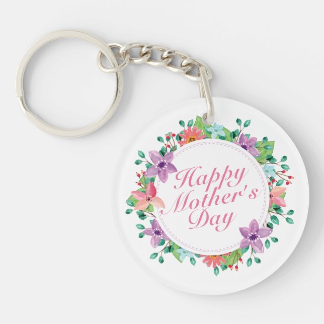 Elegant Happy Mother's Day Floral Wreath Keychain (Front)
