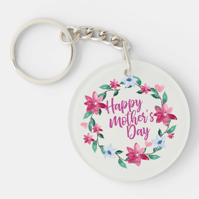 Elegant Happy Mother's Day Floral Wreath Keychain (Front)