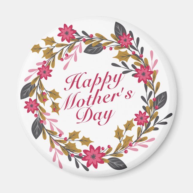 Elegant Happy Mother's Day Floral Wreath Magnet (Front)