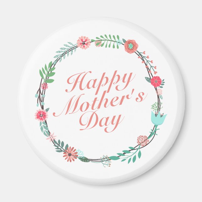 Elegant Happy Mother's Day Floral Wreath Magnet (Front)