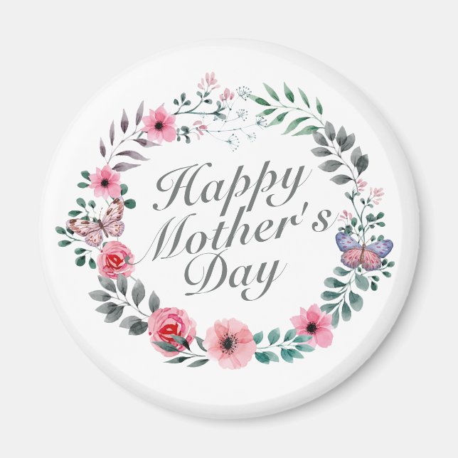 Elegant Happy Mother's Day Floral Wreath Magnet (Front)
