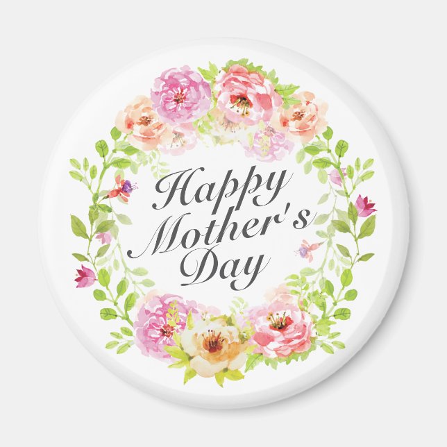 Elegant Happy Mother's Day Floral Wreath Magnet (Front)