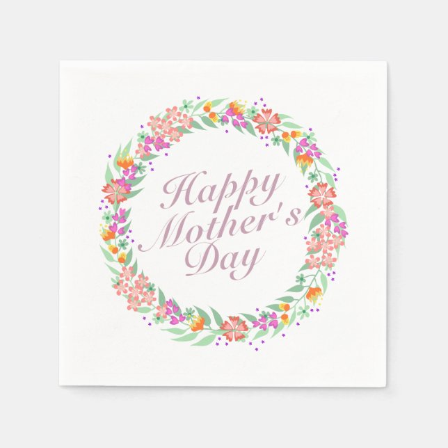 Elegant Happy Mother's Day Floral Wreath Napkin (Front)