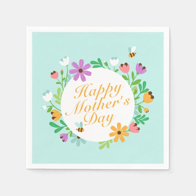 Elegant Happy Mother's Day Floral Wreath | Napkin (Front)