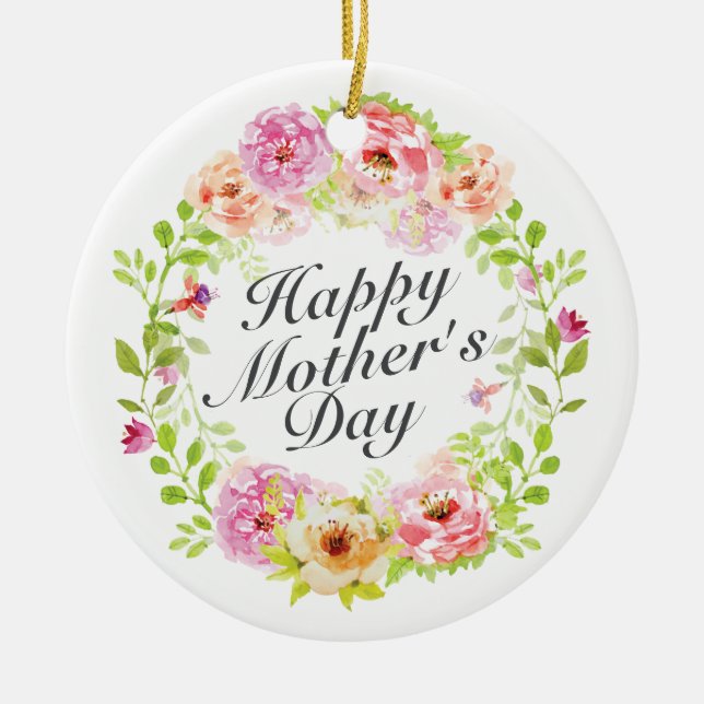 Elegant Happy Mother's Day Floral Wreath Ornament (Front)