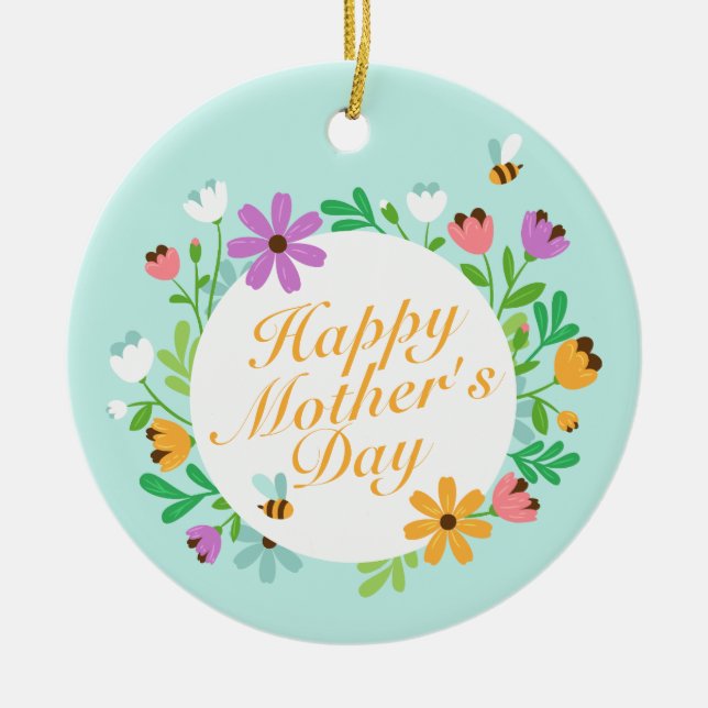 Elegant Happy Mother's Day Floral Wreath Ornament (Front)