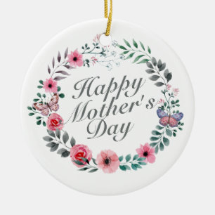 Elegant Happy Mother's Day Floral Wreath Ornament