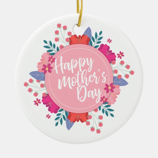 Elegant Happy Mother's Day Floral Wreath Ornament (Front)