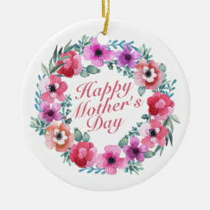 Elegant Happy Mother's Day Floral Wreath Ornament