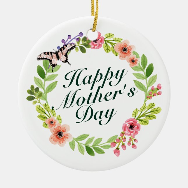 Elegant Happy Mother's Day Floral Wreath Ornament (Front)