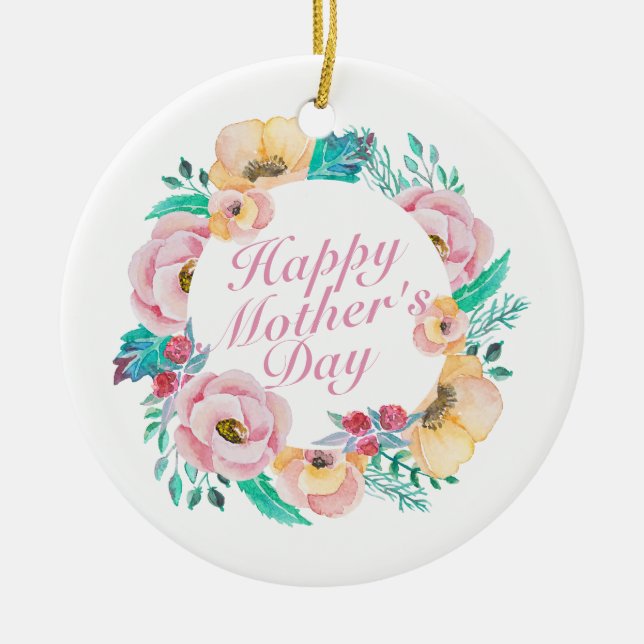 Elegant Happy Mother's Day Floral Wreath Ornament (Front)