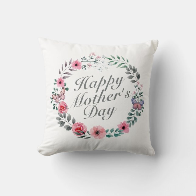 Elegant Happy Mother's Day Floral Wreath | Pillow (Front)