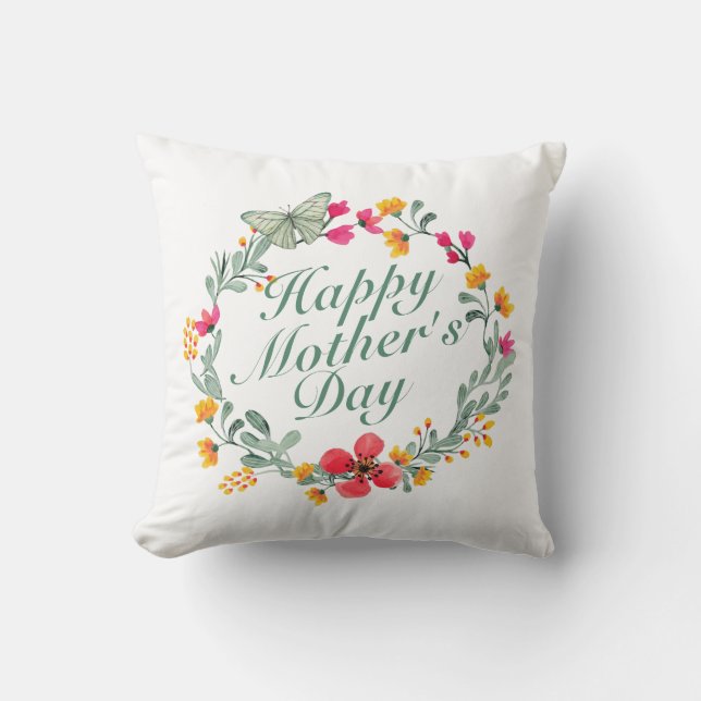 Elegant Happy Mother's Day Floral Wreath | Pillow (Front)