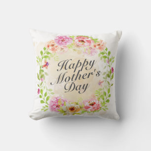Elegant Happy Mother's Day Floral Wreath   Pillow