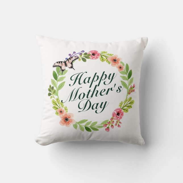 Elegant Happy Mother's Day Floral Wreath | Pillow (Front)
