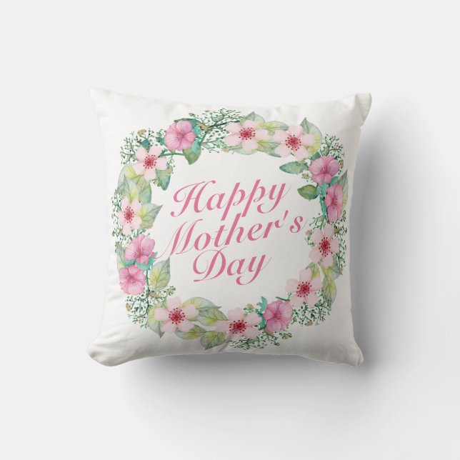 Elegant Happy Mother's Day Floral Wreath | Pillow (Front)