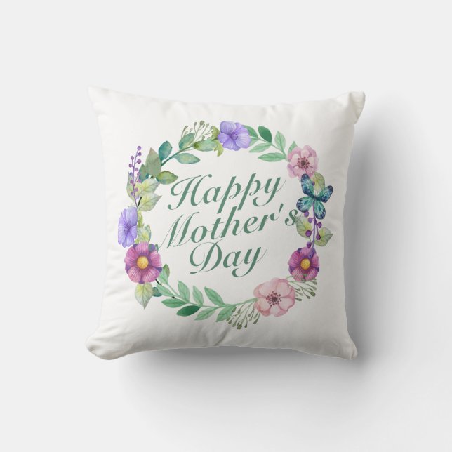 Elegant Happy Mother's Day Floral Wreath | Pillow (Front)