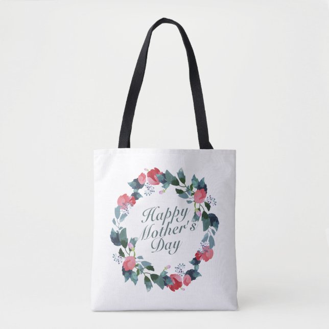 Elegant Happy Mother's Day Floral Wreath Tote Bag (Front)