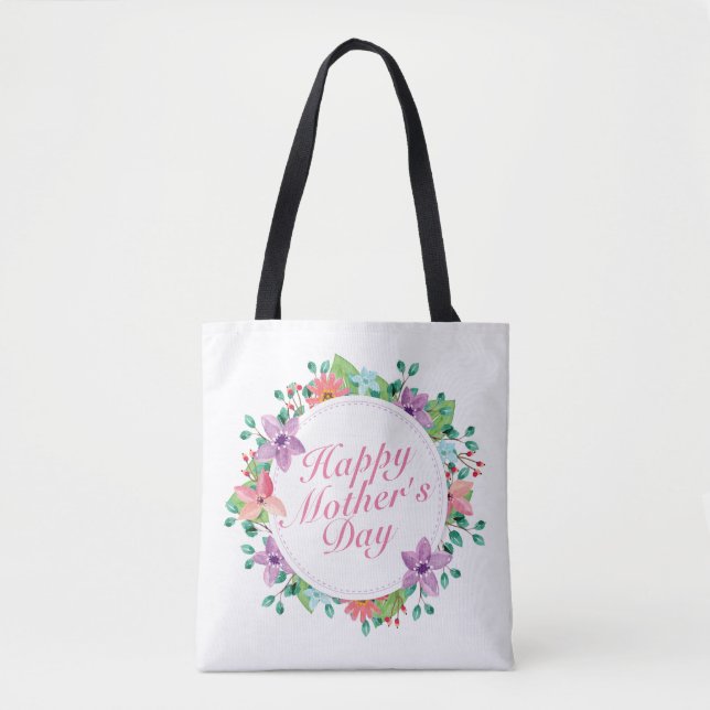 Elegant Happy Mother's Day Floral Wreath Tote Bag (Front)
