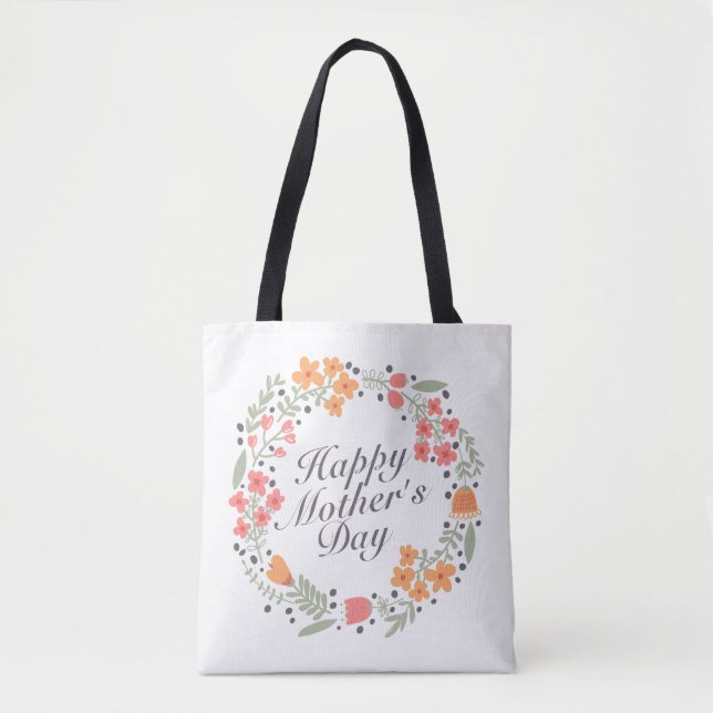 Elegant Happy Mother's Day Floral Wreath Tote Bag (Front)