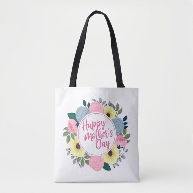 Elegant Happy Mother's Day Floral Wreath Tote Bag (Front)