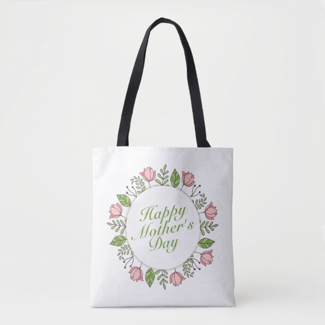 Elegant Happy Mother's Day Floral Wreath Tote Bag (Front)