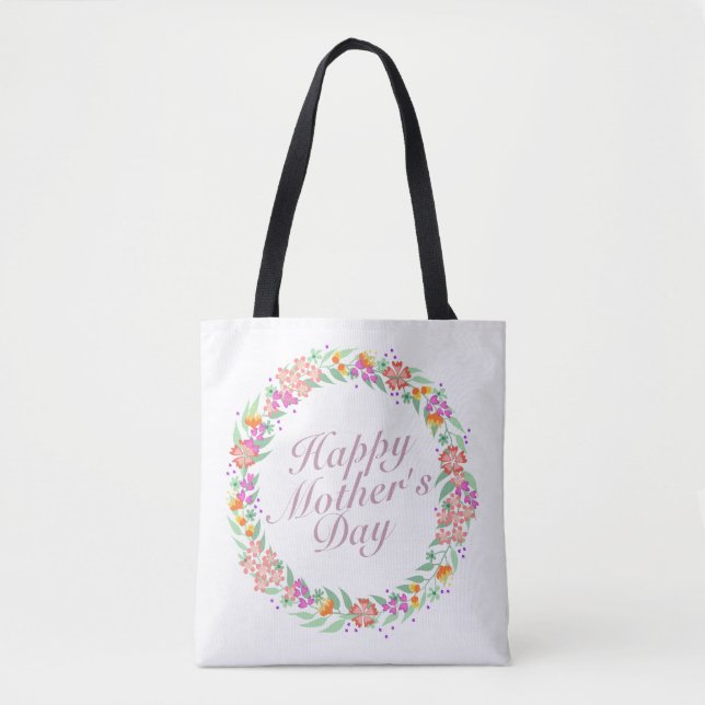Elegant Happy Mother's Day Floral Wreath Tote Bag (Front)